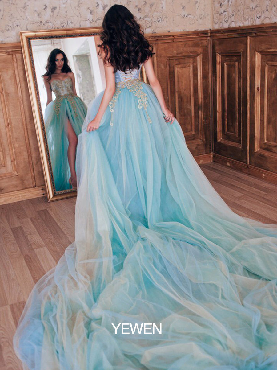 Elegantes Umstandskleid für Fotoshooting, trägerlos, Schlitz, Tüll, Hochzeits- und Abend-Maxikleid mit 2 m Schleppe 