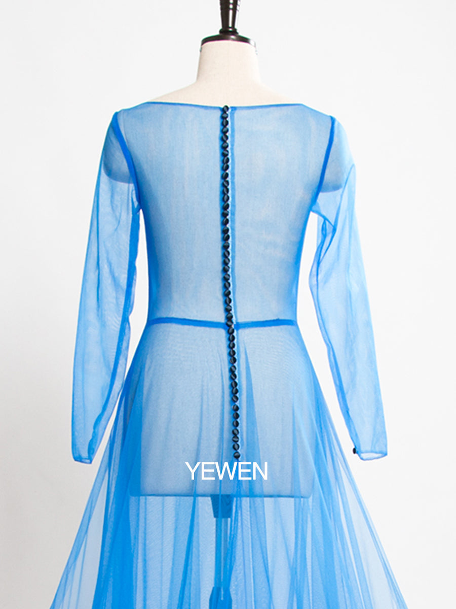 Blaues Langarm-Umstandskleid im Meerjungfrauen-Stil, Rundhalsausschnitt, durchsichtig, sexy Partykleid 