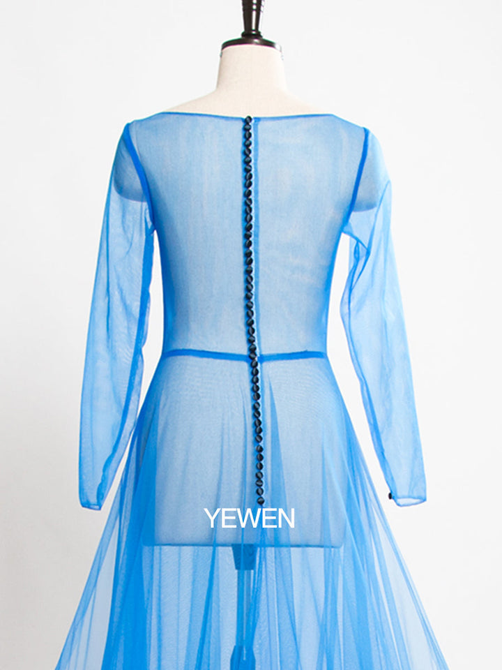 Blaues Langarm-Umstandskleid im Meerjungfrauen-Stil, Rundhalsausschnitt, durchsichtig, sexy Partykleid 