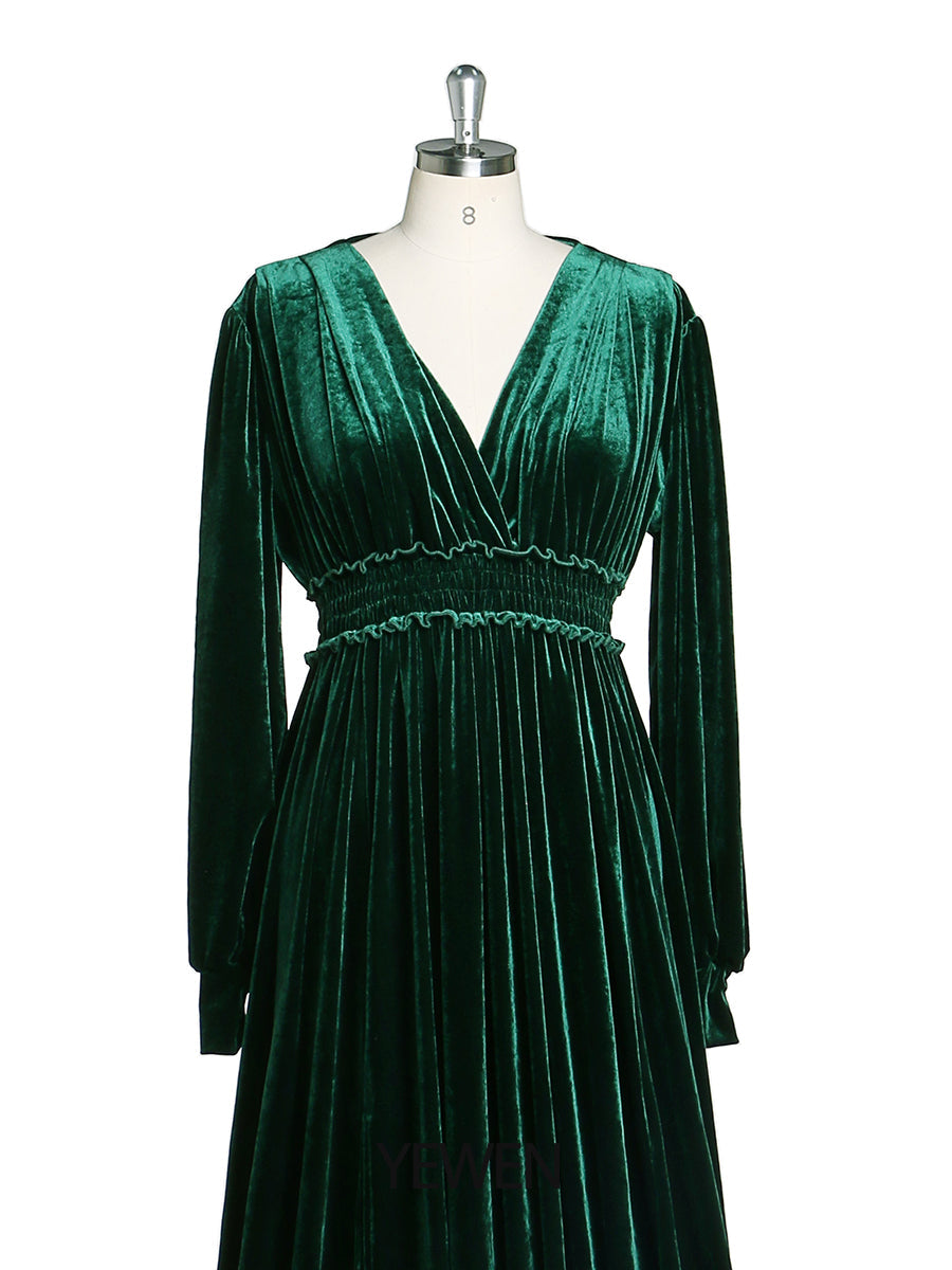 Winter-Abendkleid aus Samt mit V-Ausschnitt, langen Ärmeln, Stretch-Taille, seitlicher Schlitz, Fotoshooting-Kleid, Umstandskleider YD211030 