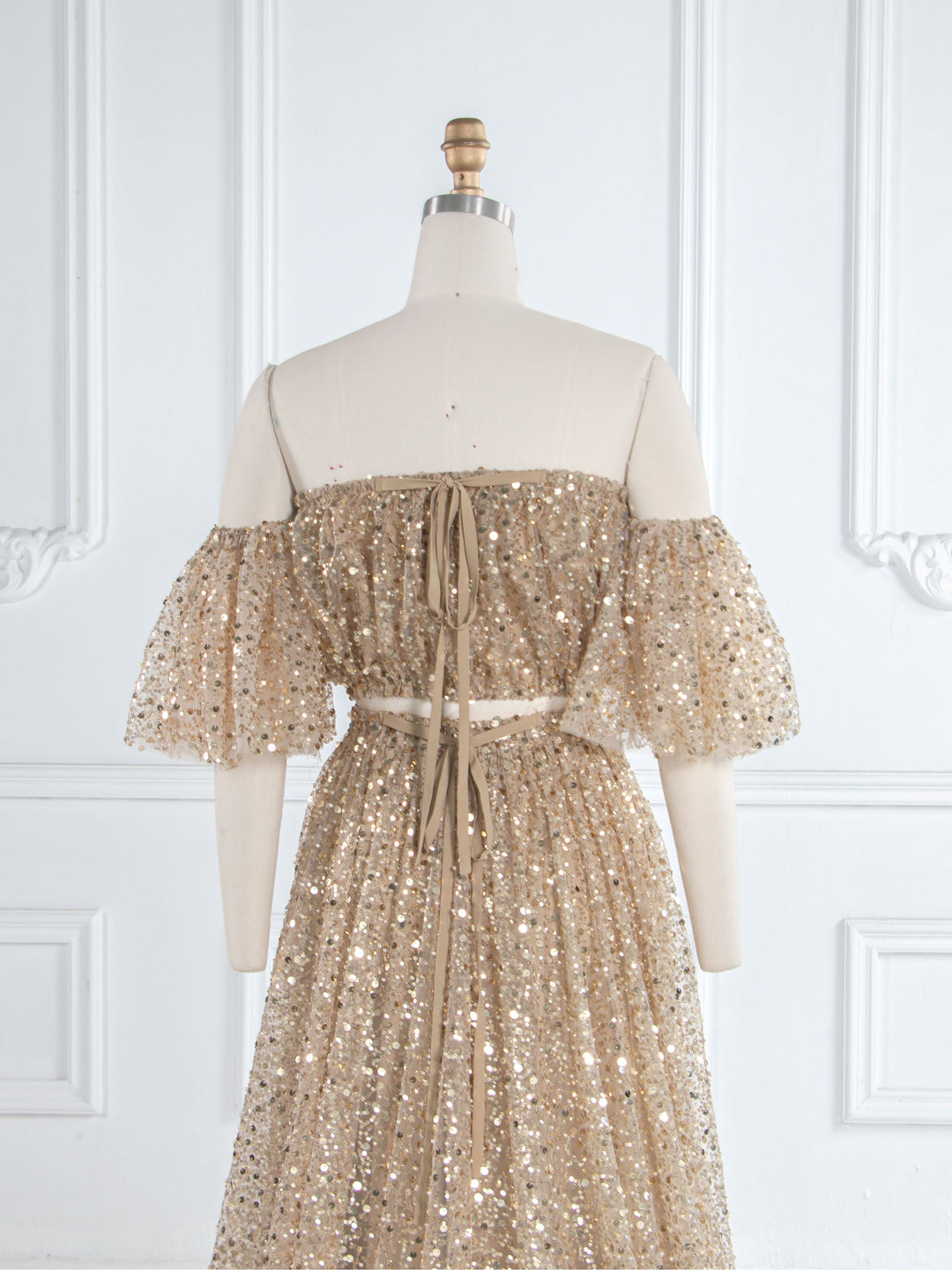 2-teiliges Set, goldene Pailletten mit Perlen, Boho-Umstandskleid für Fotoshooting, Schwangerschaftsfotografie, Babyparty-Kleid, YW243162 
