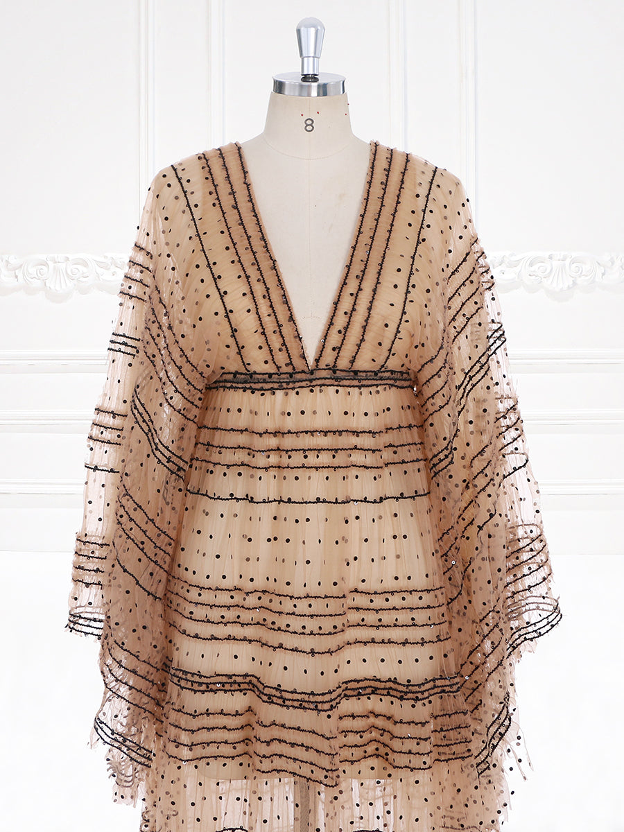 Tan Black Polka Dot Tüll Umstandskleid Frau Boho Robe Strandkleid für Fotoshooting 