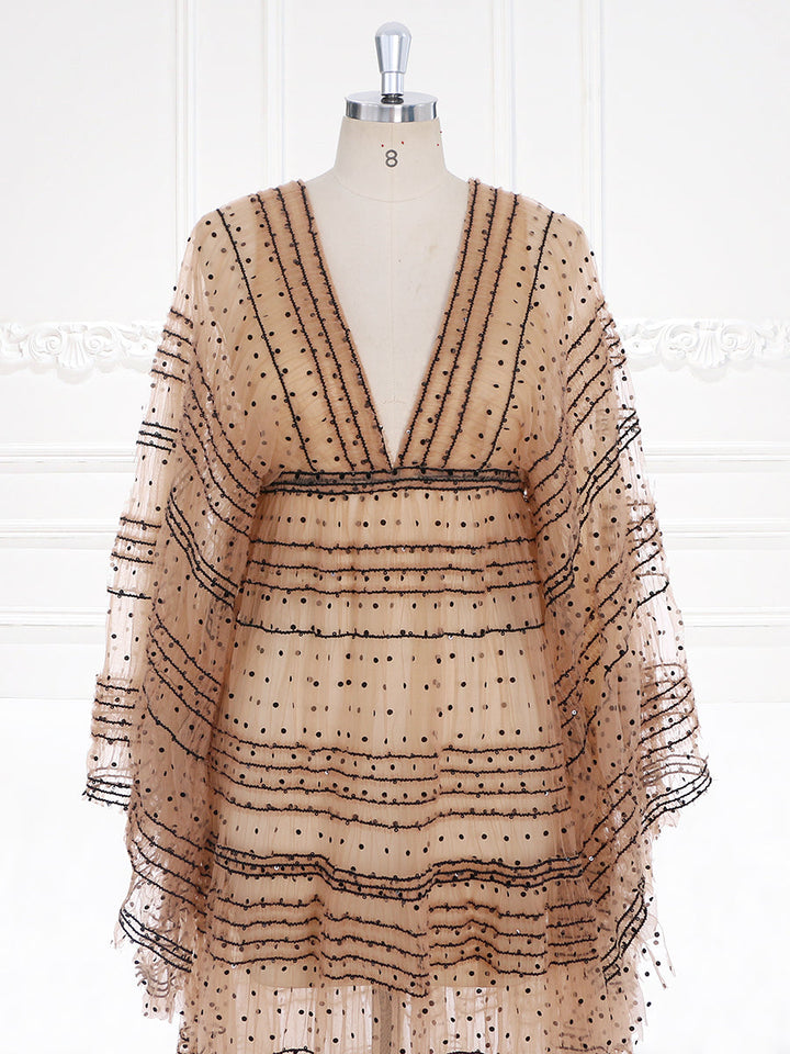 Tan Black Polka Dot Tüll Umstandskleid Frau Boho Robe Strandkleid für Fotoshooting 