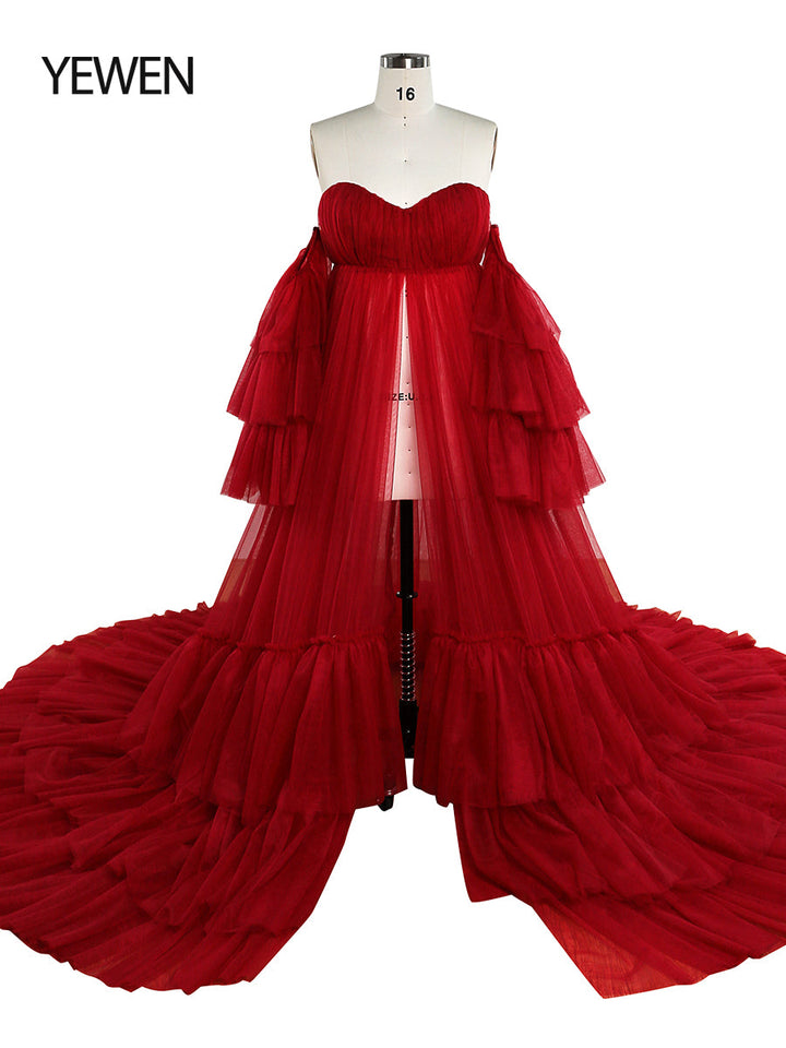 Umstands-Fotoshooting-Kleid mit Herzausschnitt und separaten Ärmeln, transparentes Schwangerschaftskleid, Maxikleid für Damen, YD21818 