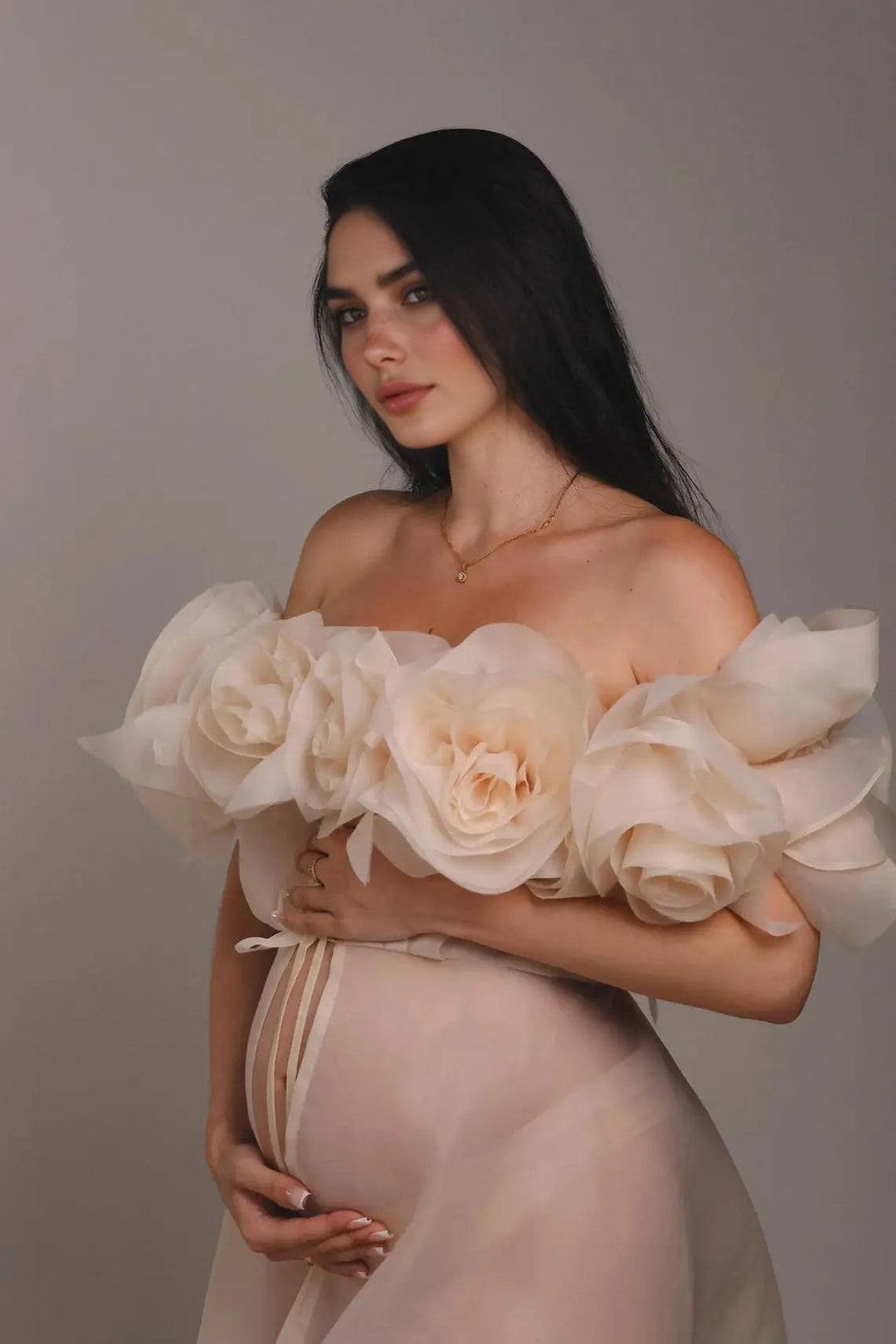 Umstandskleid für Fotoshootings, durchsichtiges Umstandskleid mit 3D-Blumen, transparentes Organza-Schwangerschaftskleid für Babyparty, YW250023 