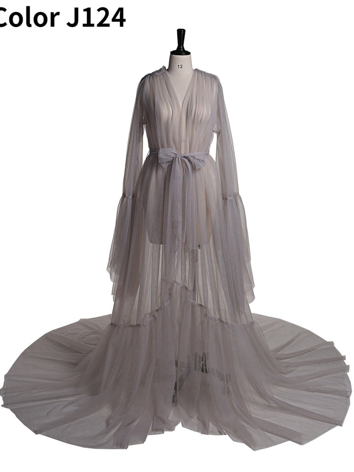 Elegantes V-Ausschnitt Umstands-Fotoshooting-Kleid Glockenärmel Sexy Maxikleid YW2055 