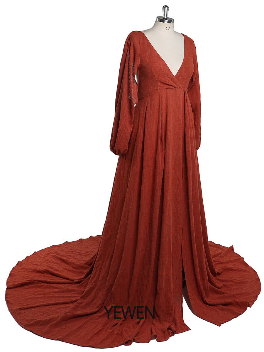 Umstandskleider mit V-Ausschnitt für Fotoshootings, seitlicher Schlitz, Schwangerschaftskleid, Maxikleid aus Baumwolle, YEWEN, Übergröße, YD21218