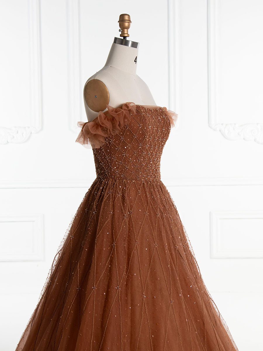 Dunkel Champagner A-Linie trägerloses Luxus Abendkleid mit Perlenbesatz YE2555 