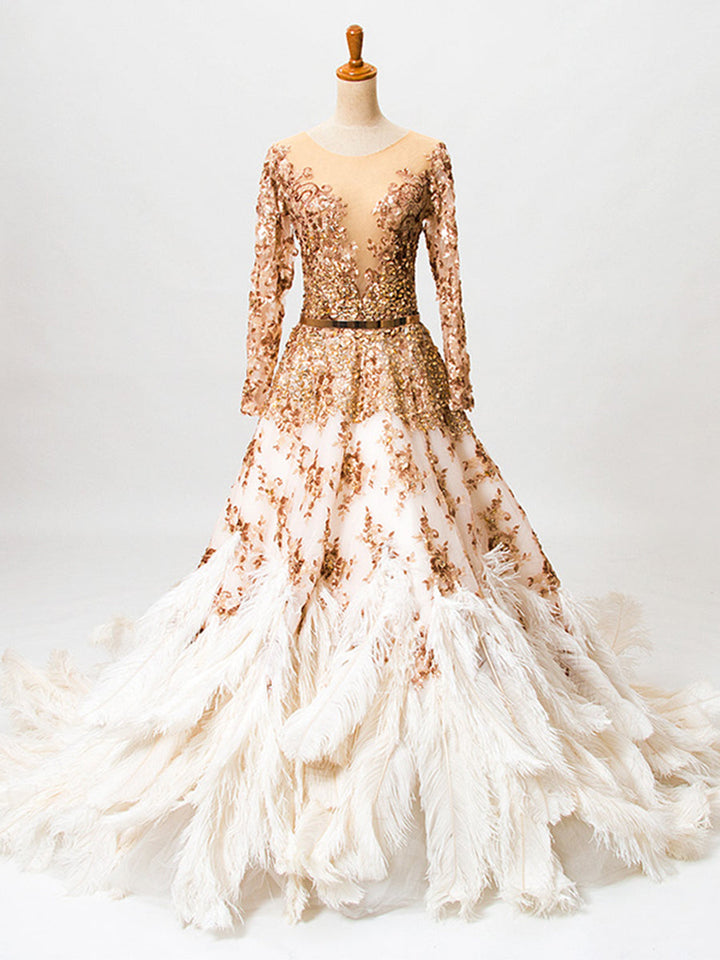 Straußenhaar Luxus Langarm Pailletten Gold Kristall A-Linie Abendkleid Fotoshooting 