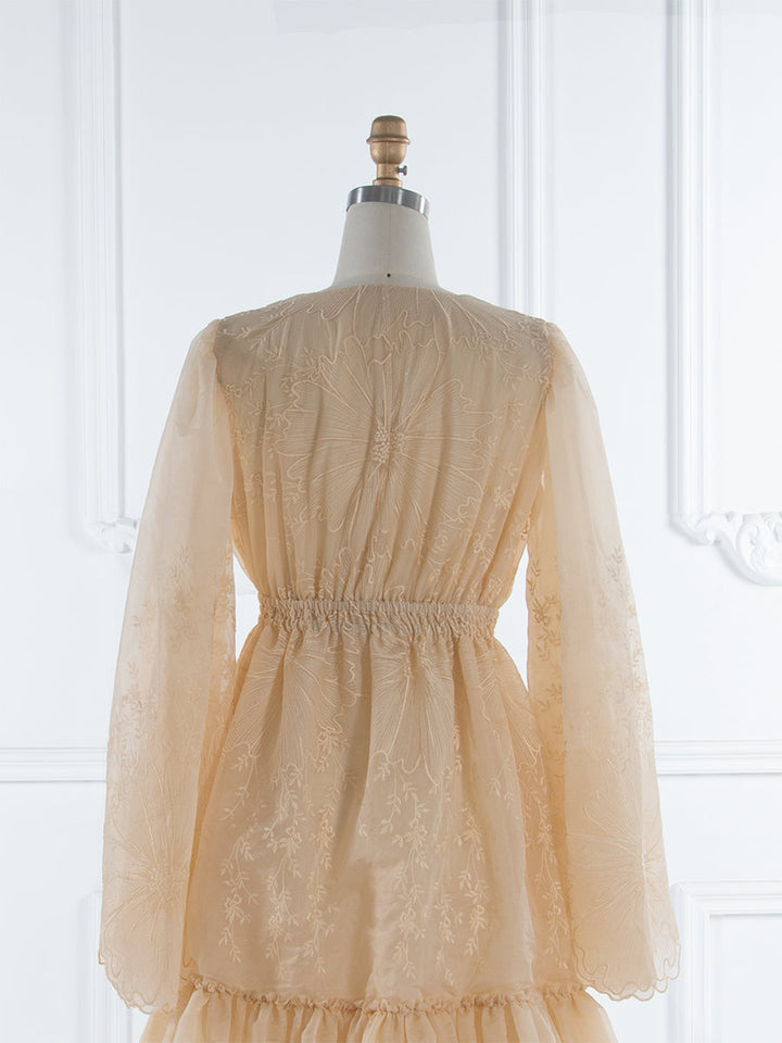 Kleid mit Stickerei und Blumenmuster aus transparenter Spitze für Schwangerschaft/Nicht-Schwangerschafts-Fotoshooting, verstellbare Taille, YW231061 