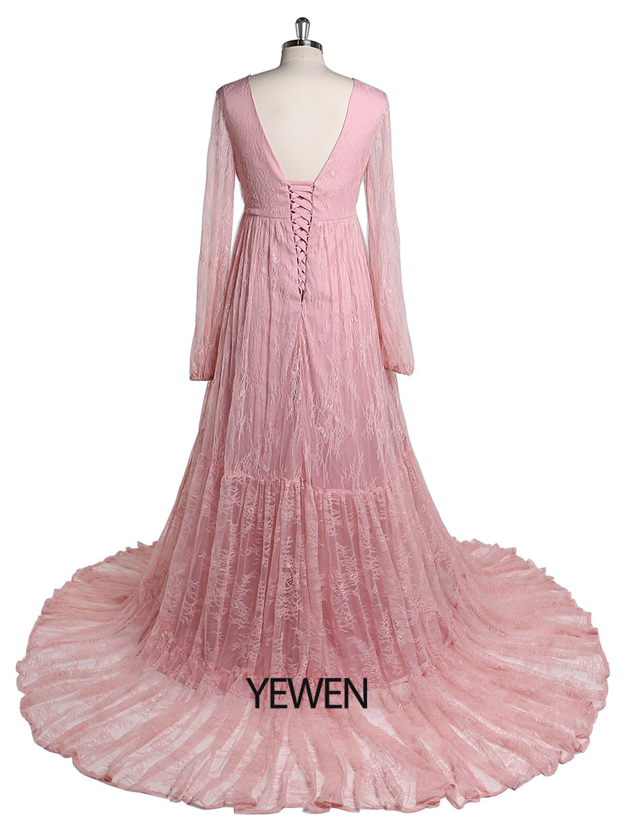 Elegantes Abendkleid mit V-Ausschnitt und langen Ärmeln aus Spitze, Umstandskleid für Fotografie, Babyparty, YW2046