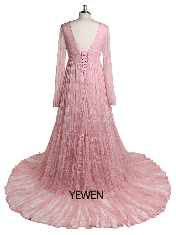 Elegantes Abendkleid mit V-Ausschnitt und langen Ärmeln aus Spitze, Umstandskleid für Fotografie, Babyparty, YW2046