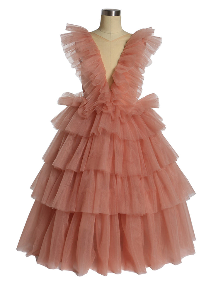 Oldrose V-Ausschnitt Tüll Rüschen Langarm Blumenmädchen Kleid Kind Partykleider für Fotoshooting 