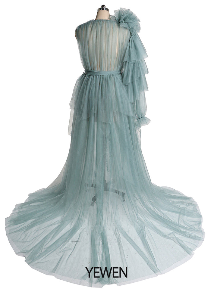 Maxi-Ballkleid mit V-Ausschnitt, Blumenmuster, eine Schulter, Umstandskleid für Babyparty 