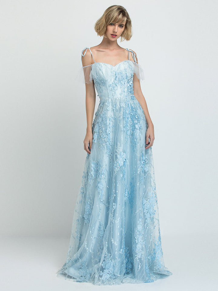 Blaues Ballkleid mit herzförmigem Ausschnitt und Blumenmuster, bodenlanges Tüllkleid 2024 
