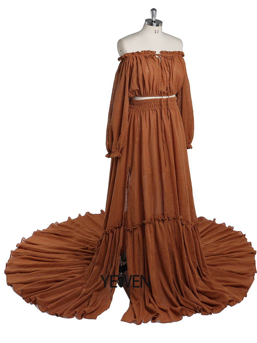 Versandfertig - 2-teiliges Set Maxikleider Dehnbare Taille Umstandskleid Fotografie Kleid YD211229