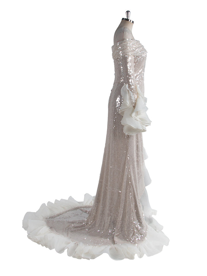 Mode Glänzende Pailletten Prom Party Kleid Langarm Off Schulter Asymmetrische Party Kleid YW250020 