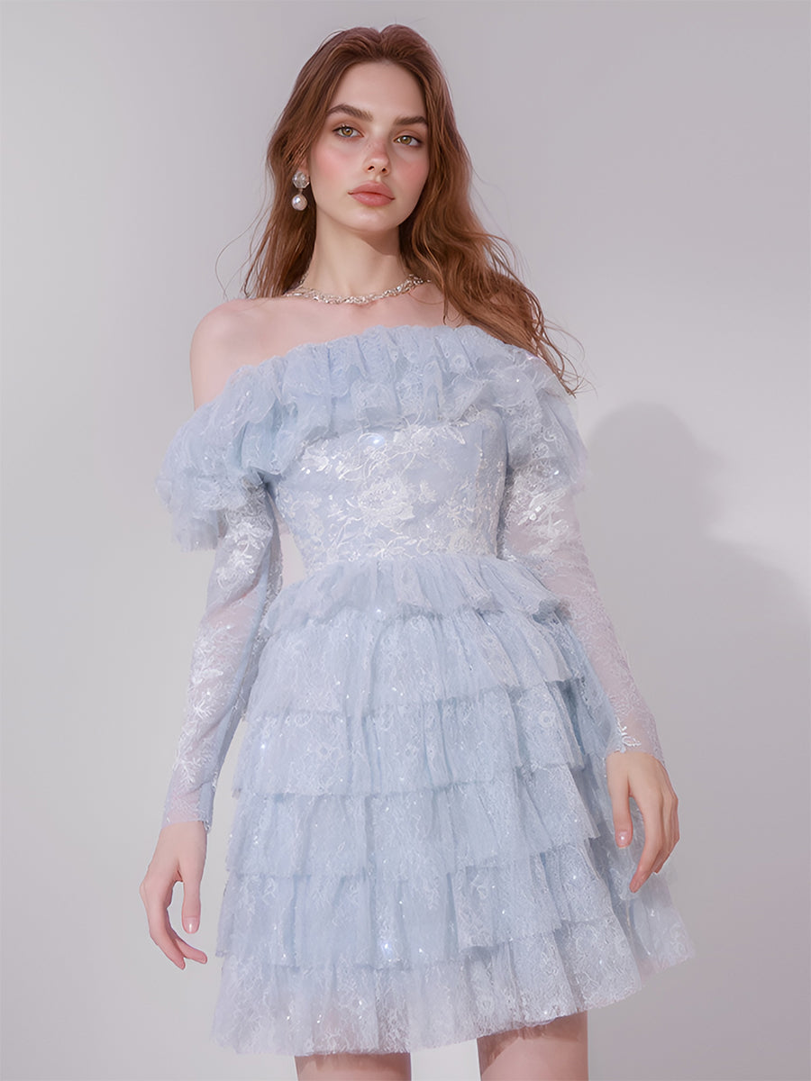 A-Linie Fee Tüll Spitze Ballkleid Off Shoulder Falten Abend Party Kleider Layered Falten Cocktail Kleider 