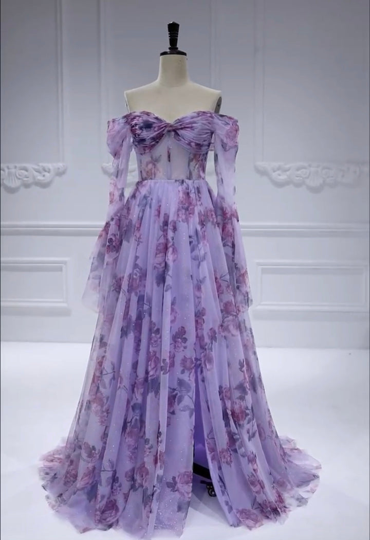 Elegant Long Flare Sleeve, A Line, Prom Dresses, Printing Tulle Photo Shoot Gown