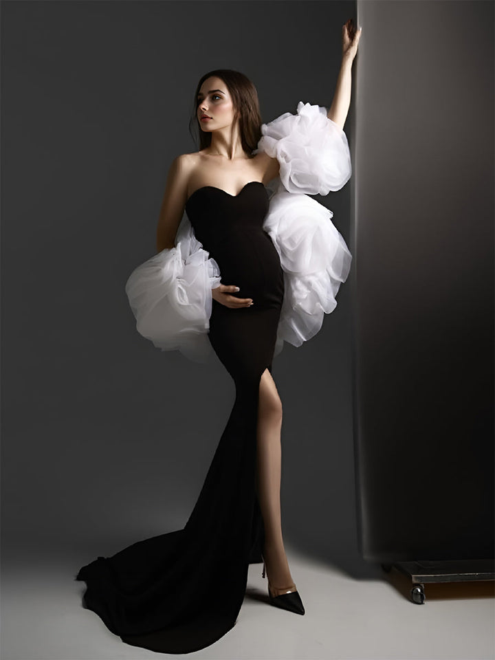 3D-Blumen-Organza-Cape mit Kleid-Fotoshooting-Outfit Matrenity Couture-Fotoshooting 
