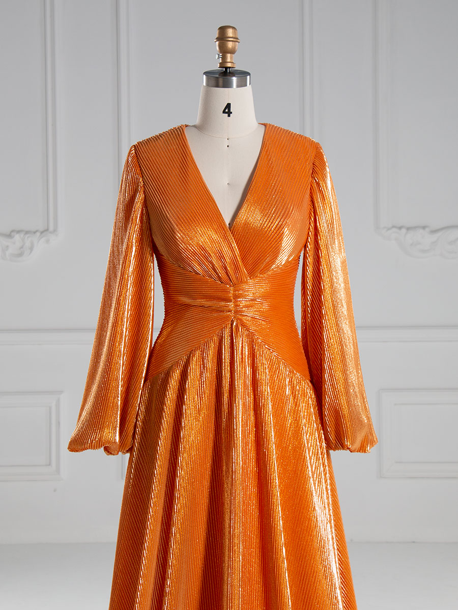 A-line , V Neck, Floor Length, Prom Dresses with Long Sleeves