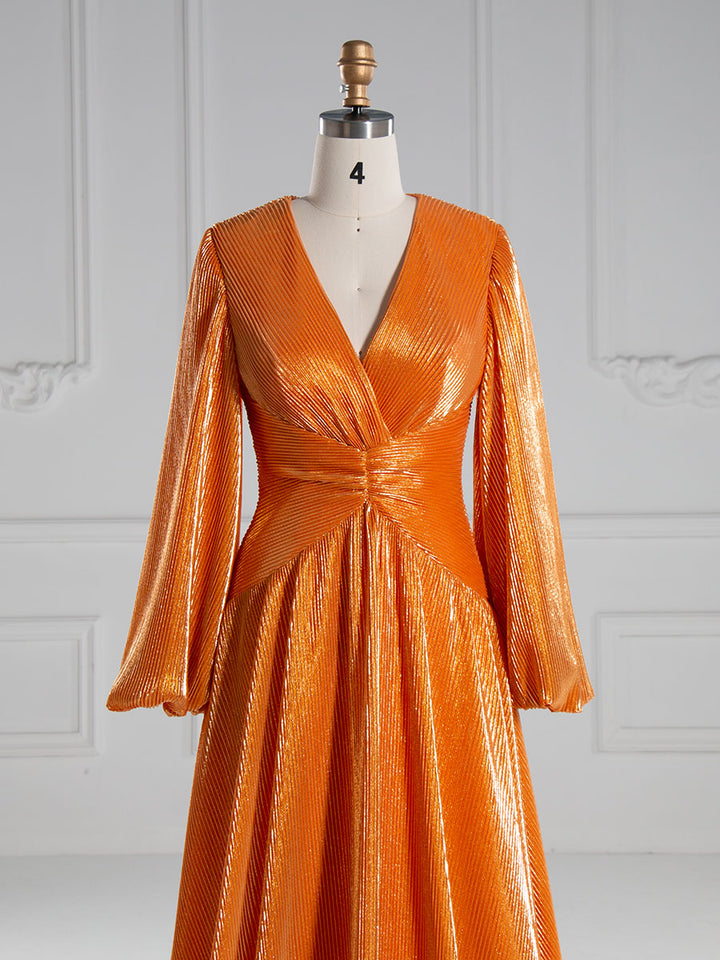 A-line , V Neck, Floor Length, Prom Dresses with Long Sleeves