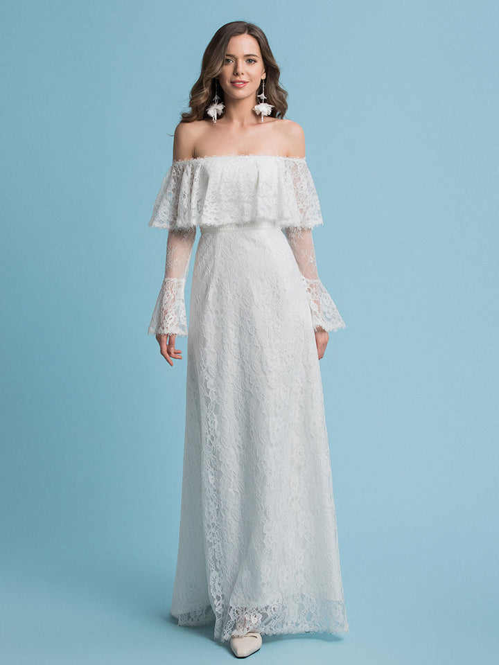 Boho A-Linie Brautkleider Schulterfrei Hofschleppe Spitze Normale Träger Bodenlang 