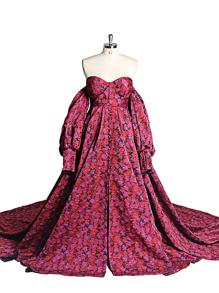Hochwertiges elegantes Jacquard-Blumen-Abendkleid mit langen Ärmeln im Retro-Stil, Ballkleid für Fotoshootings, YEWEN YW221031 