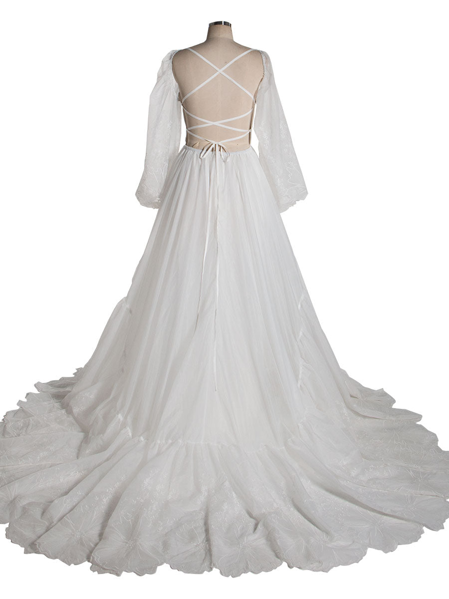 V Neck, Embroidered Lace, Bridal Dress with Long Sleeves, Boho Maxi Dress 