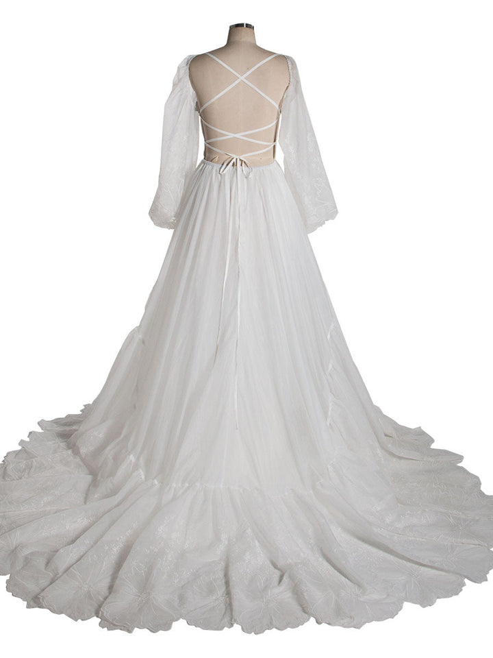 V Neck, Embroidered Lace, Bridal Dress with Long Sleeves, Boho Maxi Dress 