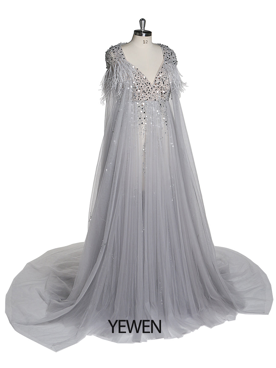Silbernes Abendkleid aus Tüll mit Perlen und Cape, Umstandskleid für Fotoshootings, Fotografiekleid, Schnürung am Rücken 