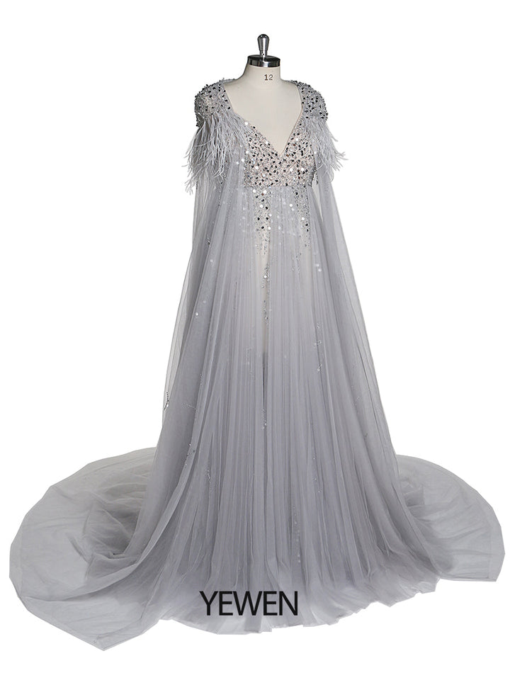 Silbernes Abendkleid aus Tüll mit Perlen und Cape, Umstandskleid für Fotoshootings, Fotografiekleid, Schnürung am Rücken 