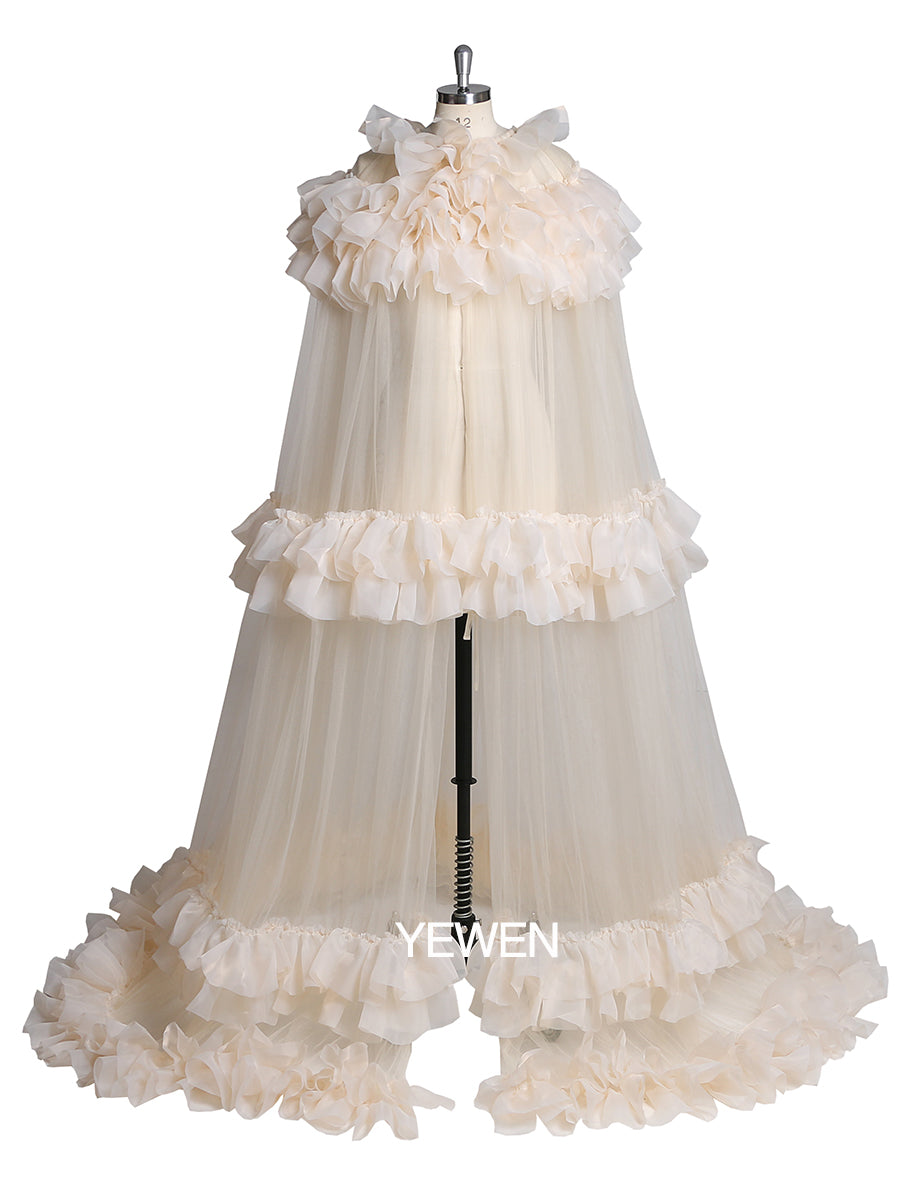 Elegantes Cape, plissiertes, gerüschtes Maxi-Brautkleid, Jacke für Umstandskleid-Fotoshooting