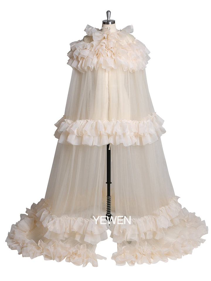 Elegantes Cape, plissiertes, gerüschtes Maxi-Brautkleid, Jacke für Umstandskleid-Fotoshooting
