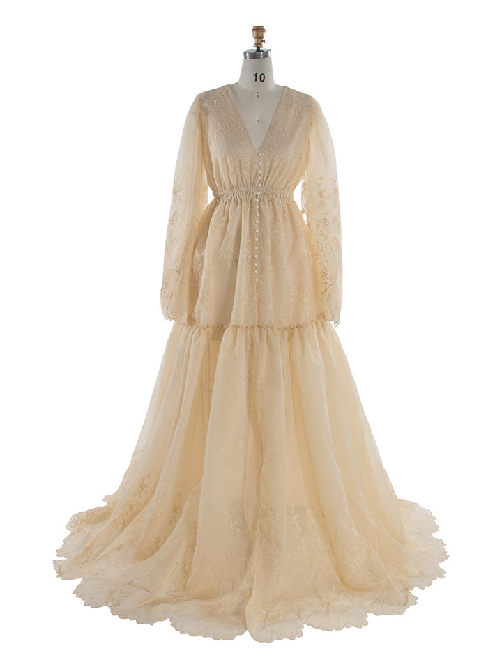 Kleid mit Stickerei und Blumenmuster aus transparenter Spitze für Schwangerschaft/Nicht-Schwangerschafts-Fotoshooting, verstellbare Taille, YW231061 