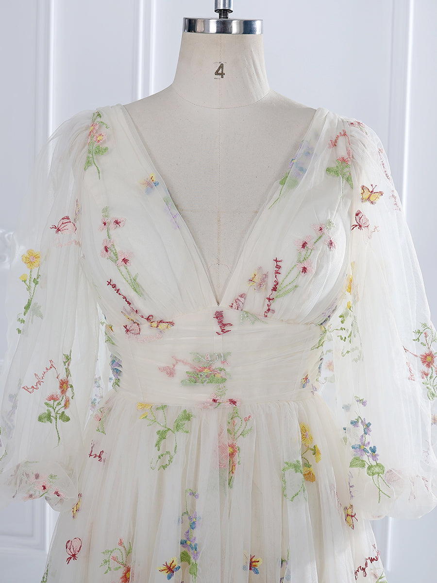 V-Neck , Embroidery Tulle , Puffy Sleeves,  Tea Party Dresses