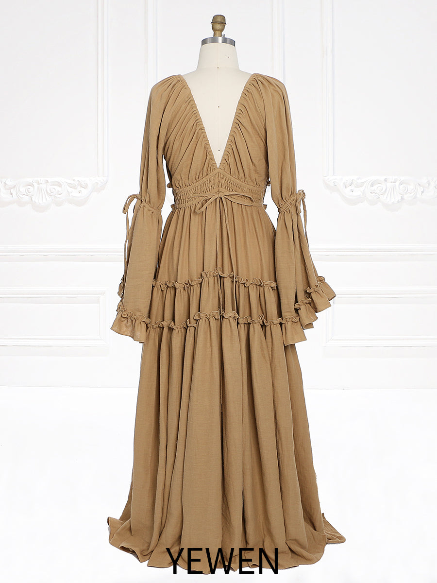 Lange Ärmel V-Rücken Elastische Taille Frau Boho Maxikleid Fotoshooting Kleider Outfit YW231112 
