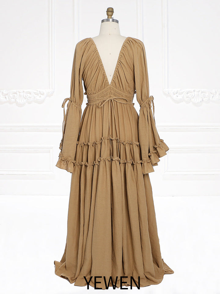 Lange Ärmel V-Rücken Elastische Taille Frau Boho Maxikleid Fotoshooting Kleider Outfit YW231112 