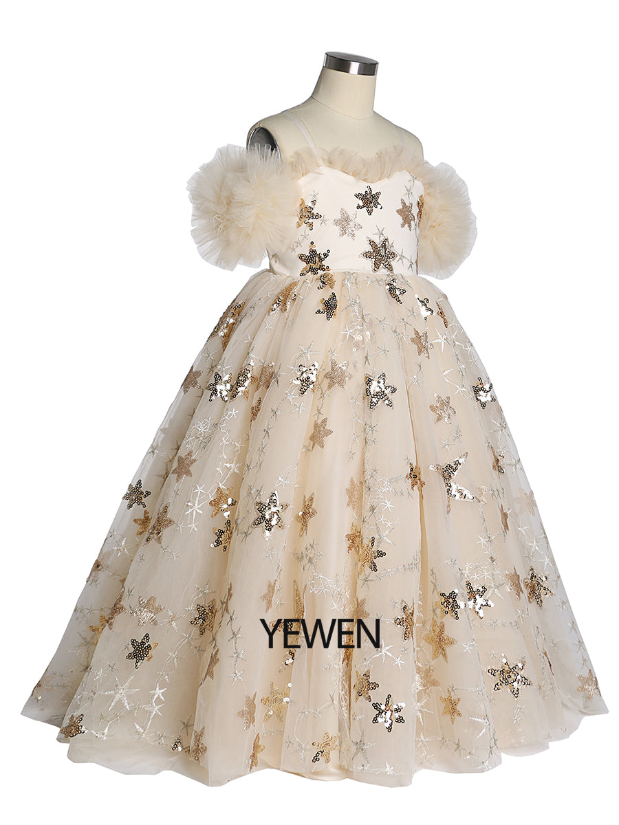 Champagner Stern Tüll Blumenmädchenkleider für Hochzeiten Geburtstagsfeiern Prinzessin Kinder Fotoshooting Kleid YEWEN