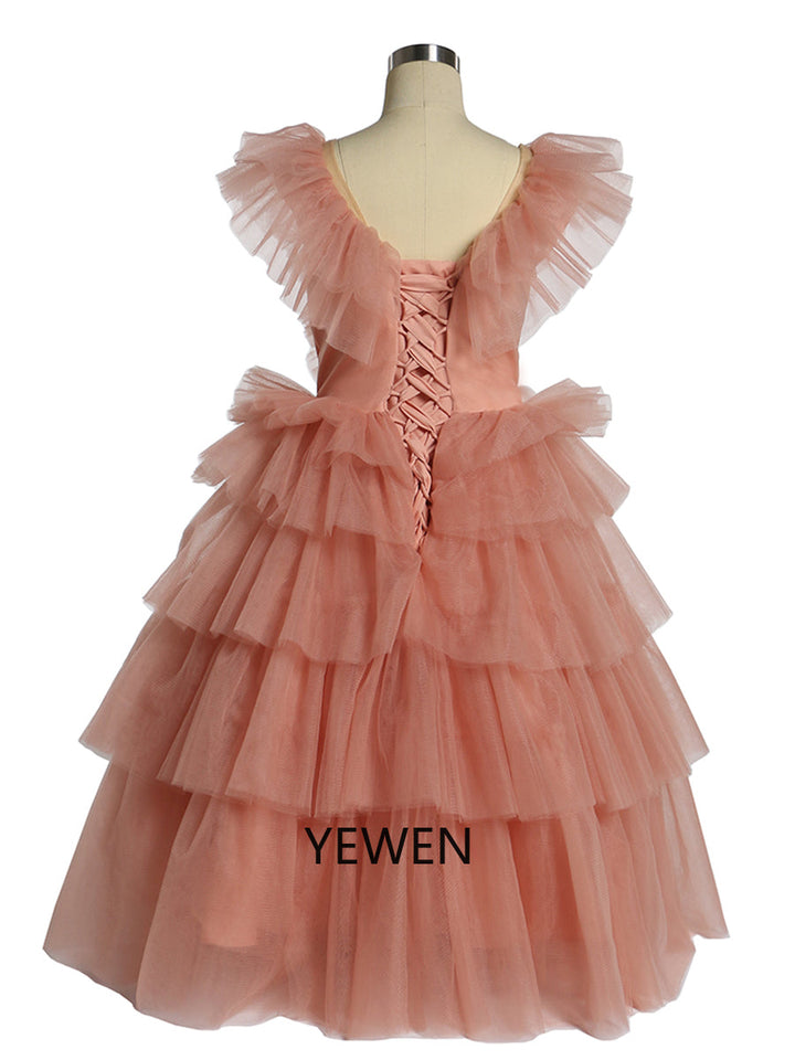 Oldrose V-Ausschnitt Tüll Rüschen Langarm Blumenmädchen Kleid Kind Partykleider für Fotoshooting 