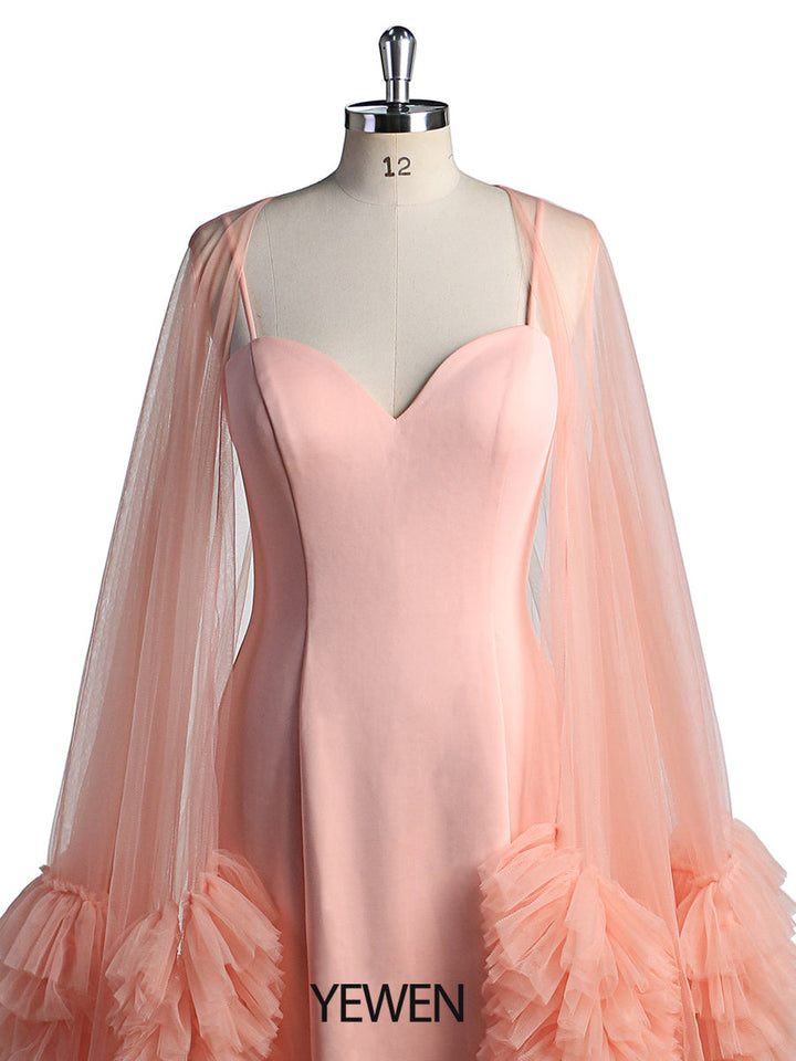 Lachsfarbenes Abendkleid mit langem Umhang, Foto-Shooting, Foto-Requisiten, Fotografie-Kleid, Vestidos de Fiesta de Noche 