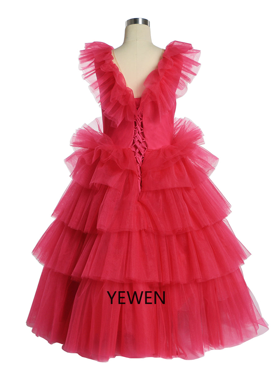 Oldrose V-Ausschnitt Tüll Rüschen Langarm Blumenmädchen Kleid Kind Partykleider für Fotoshooting 