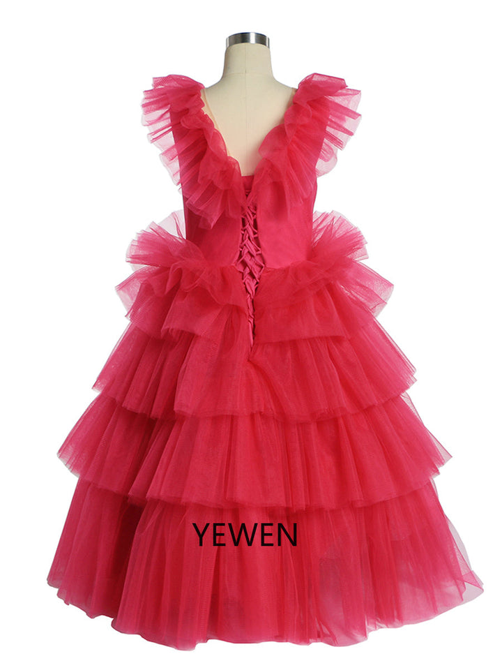 Oldrose V-Ausschnitt Tüll Rüschen Langarm Blumenmädchen Kleid Kind Partykleider für Fotoshooting 