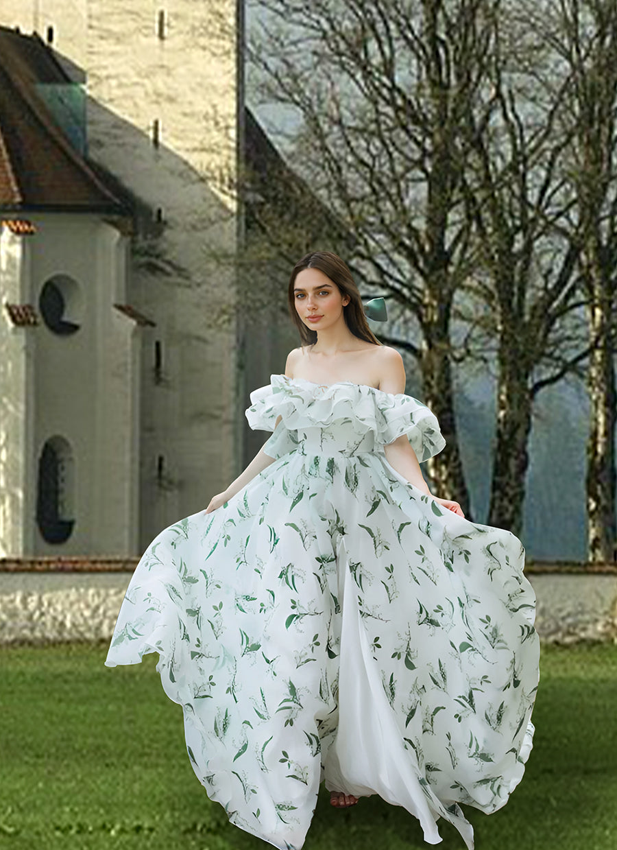 Schulterfreies Brautkleid mit Blumenmuster und Schlitz, langer Schleppe, ausgefallenes Kleid für Fotoshootings 