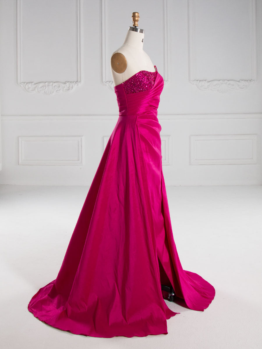 Rose Pink, Mermaid Strapless Sweep Train ,Satin Prom Dresses 