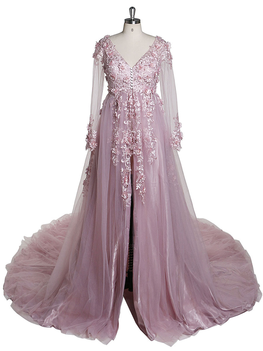 Elegante Abendkleider mit Tüllapplikationen und Spitze, V-Ausschnitt, halbe Ärmel, vorne offen, Oldrose, Strandstil, Partykleider, Robe de Soiree, YeWen
