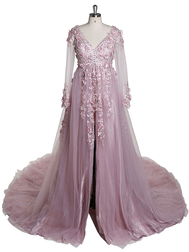 Elegante Abendkleider mit Tüllapplikationen und Spitze, V-Ausschnitt, halbe Ärmel, vorne offen, Oldrose, Strandstil, Partykleider, Robe de Soiree, YeWen