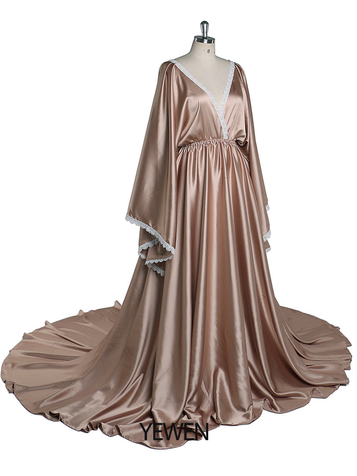 Rose-Satin Bohemian Mutterschaft Foto-Shooting Kleid Einstellbare Taille Fotografie Kleid Maxi Frau Kleid YEWEN YW220317 