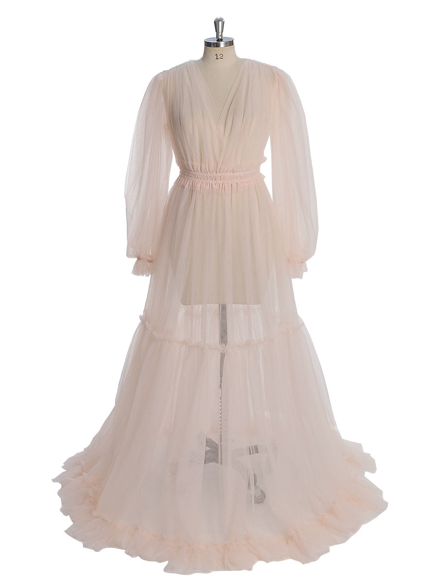 Durchsichtiges, langärmeliges Kleid aus weichem Tüll für Damen, Maxi-Kleid für Fotoshootings, YW231005 