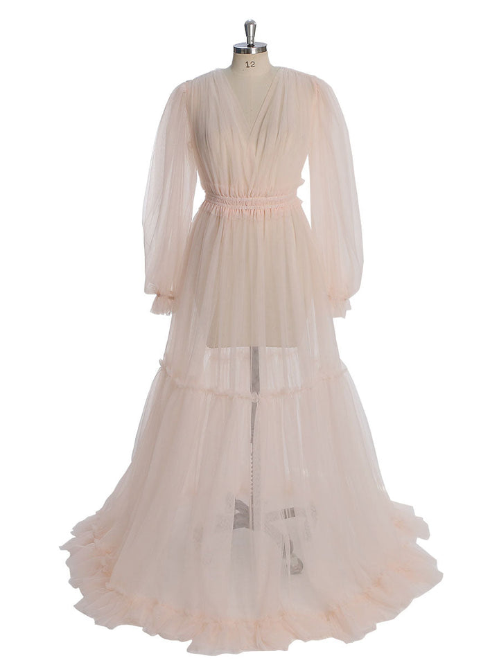 Durchsichtiges, langärmeliges Kleid aus weichem Tüll für Damen, Maxi-Kleid für Fotoshootings, YW231005 